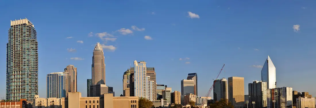 The uptown Charlotte, North Carolina skyline at golden hour