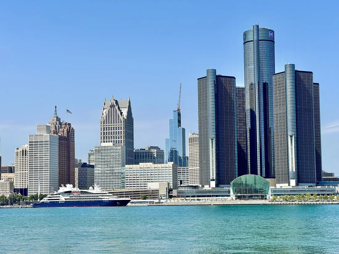 The Detroit skyline and Renaissance Center from the river