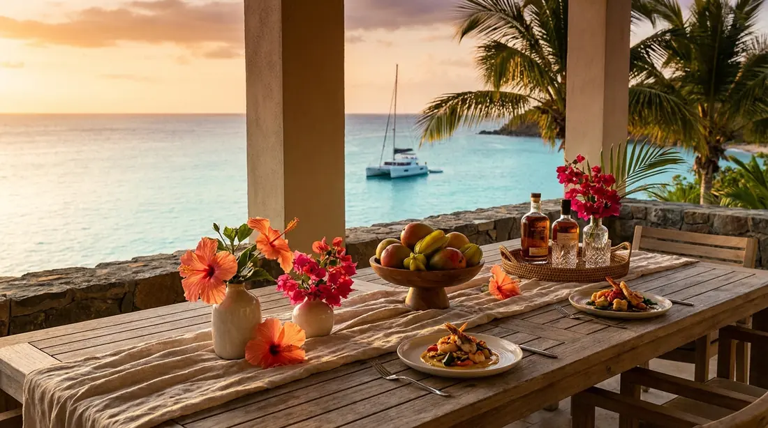 An alfresco dinner table set on a St. Croix villa terrace at golden hour: tropical flowers, fresh island fruit and a rum service, plated dishes, and a catamaran on the turquoise bay beyond.