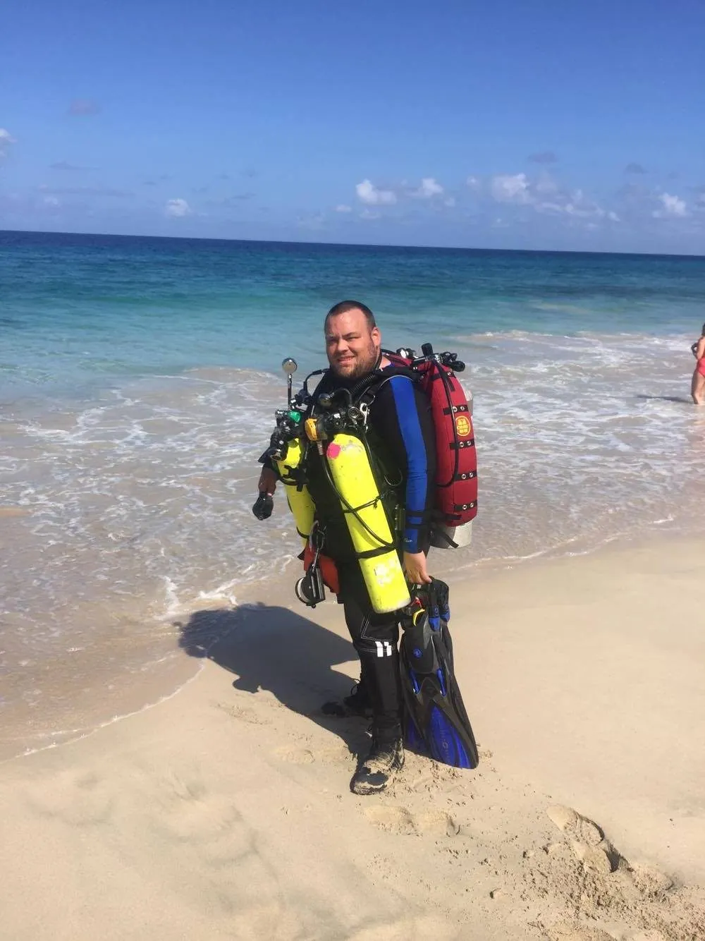 A technical diver gearing up before a dive on St. Croix