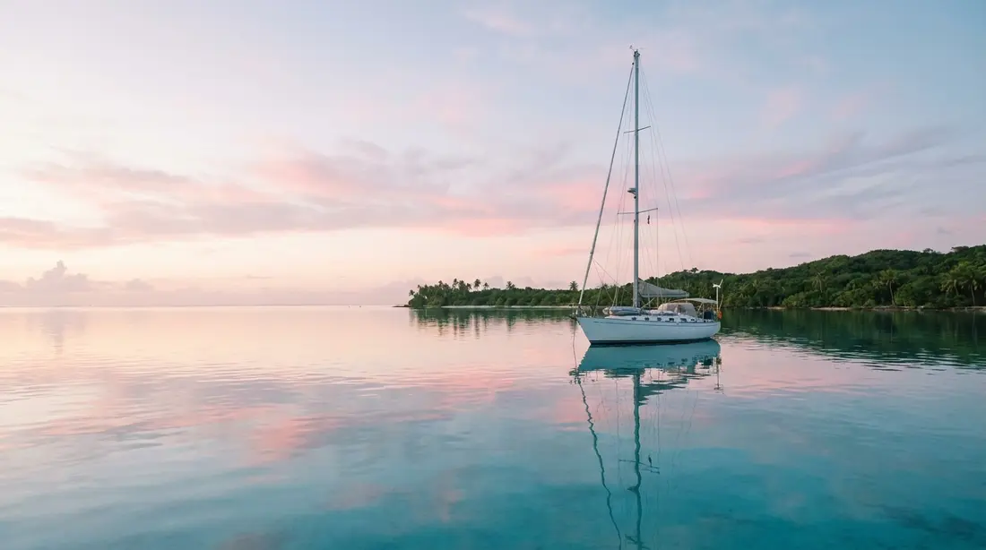 A sailboat anchored in a calm turquoise bay at dawn