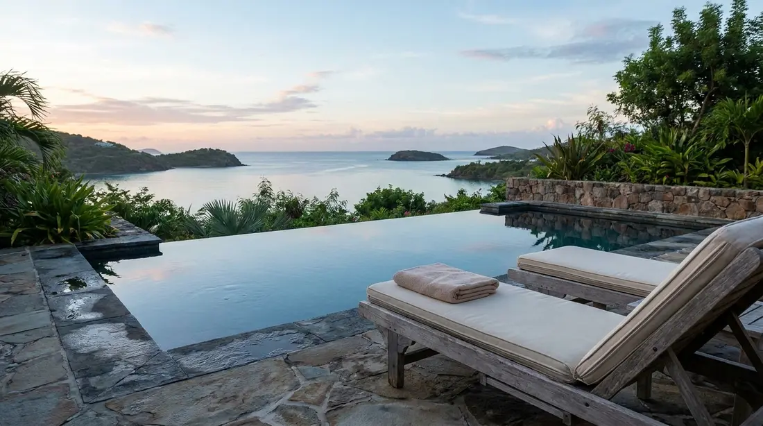 A villa pool terrace overlooking a calm bay at dawn