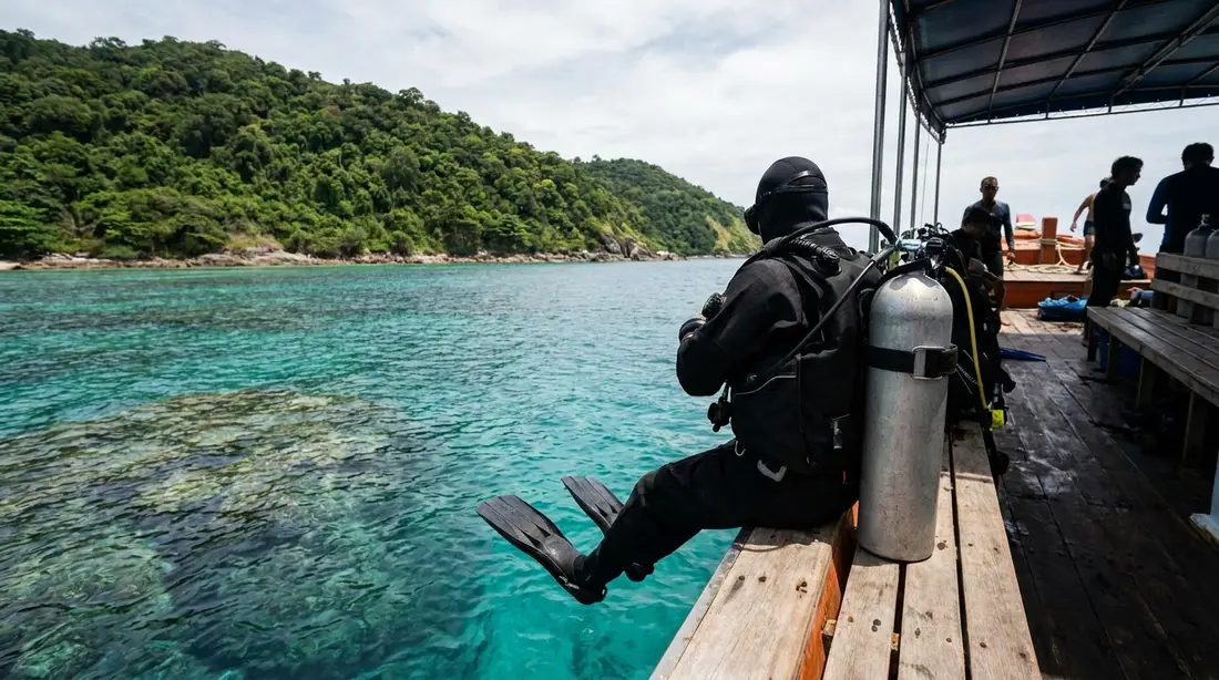 A diver about to back-roll off a small dive boat