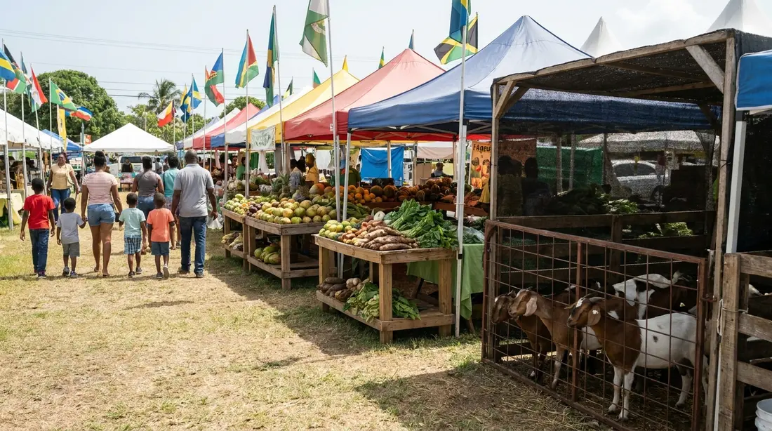 Produce stands and goat pens at an island agriculture fair