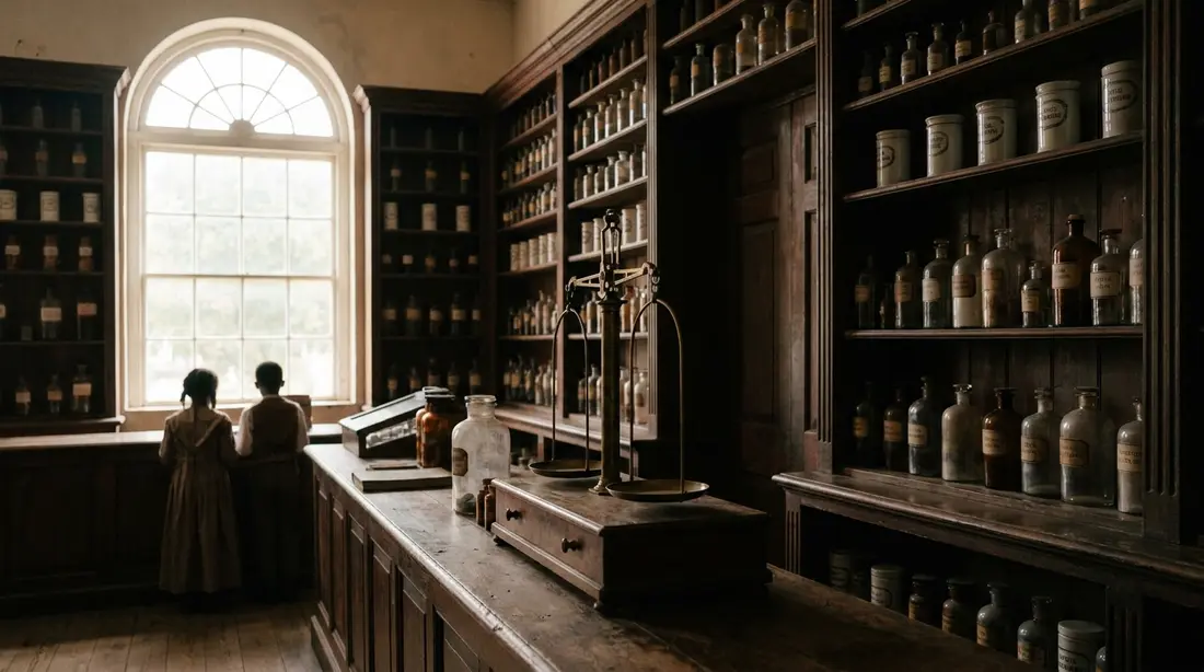 Glass bottles and porcelain jars in a preserved apothecary