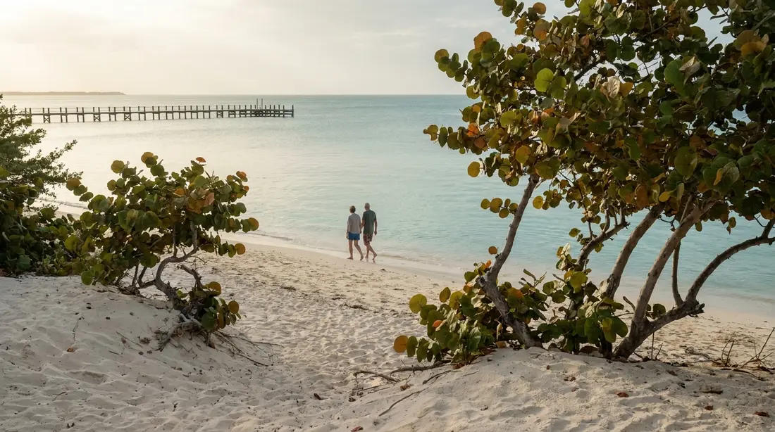 A couple strolling the waterline of a calm west-coast beach