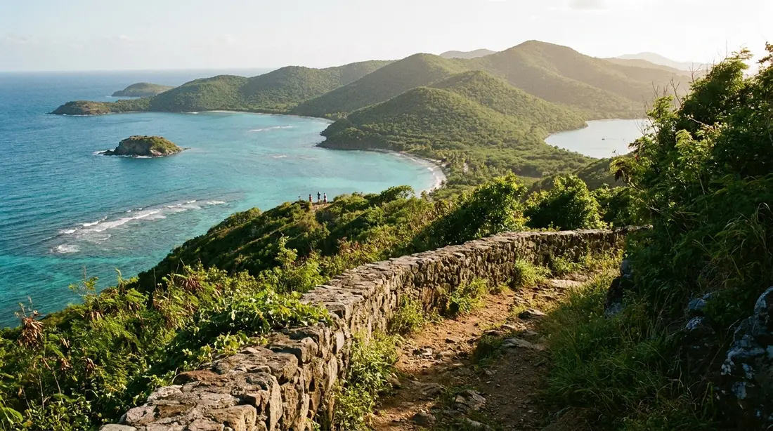 A panoramic viewpoint over turquoise bays and a distant island