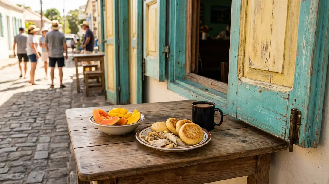 Saltfish, johnnycakes and tropical fruit at a cafe table