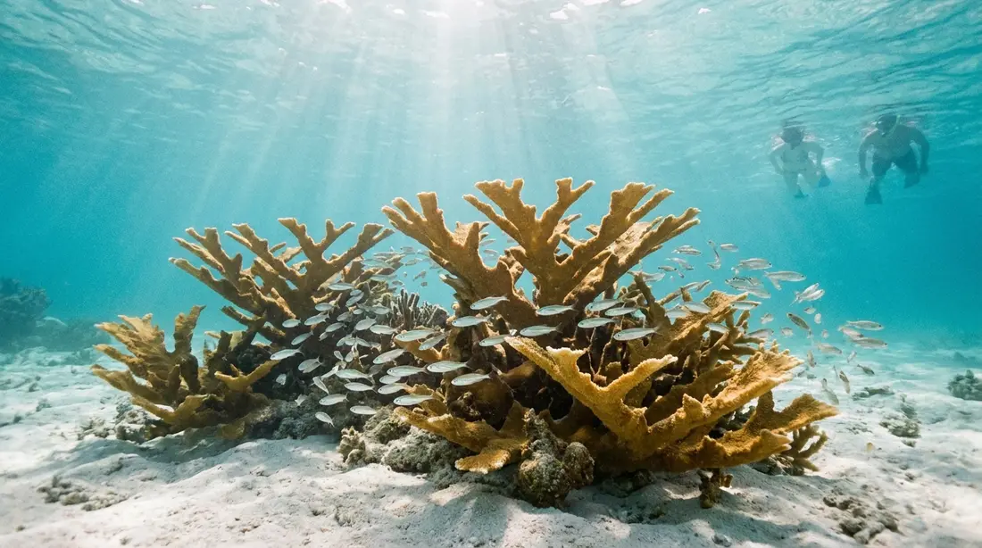 Elkhorn coral and small fish in a sunlit shallow lagoon