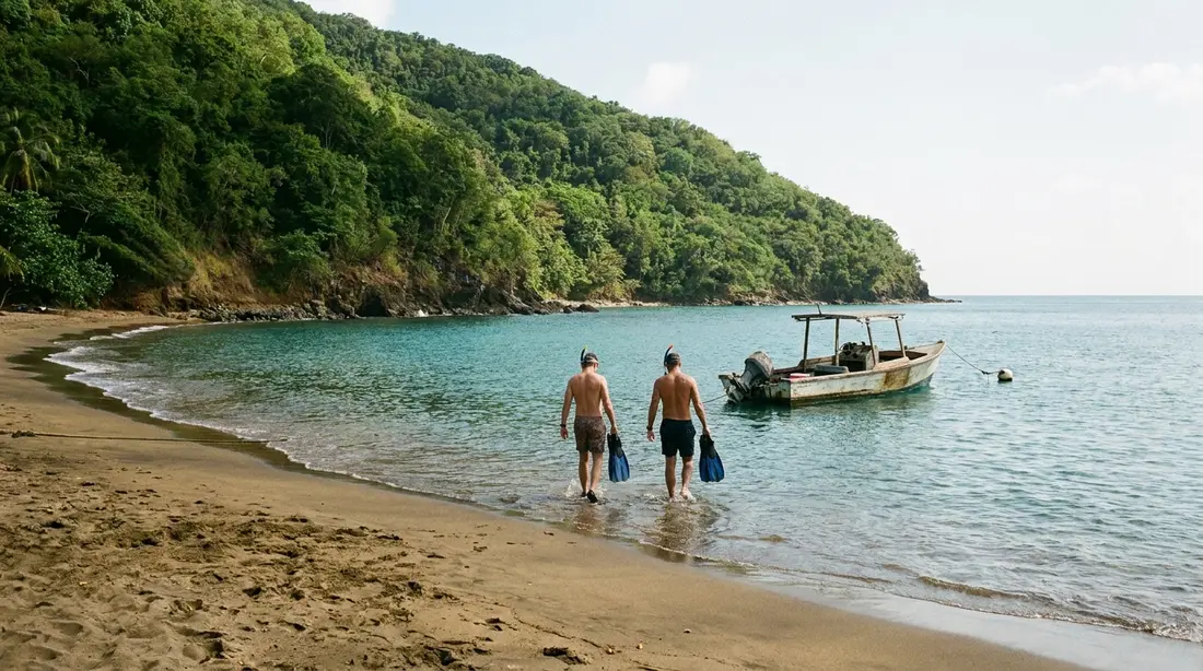Snorkelers wading into calm turquoise water off a north-shore beach