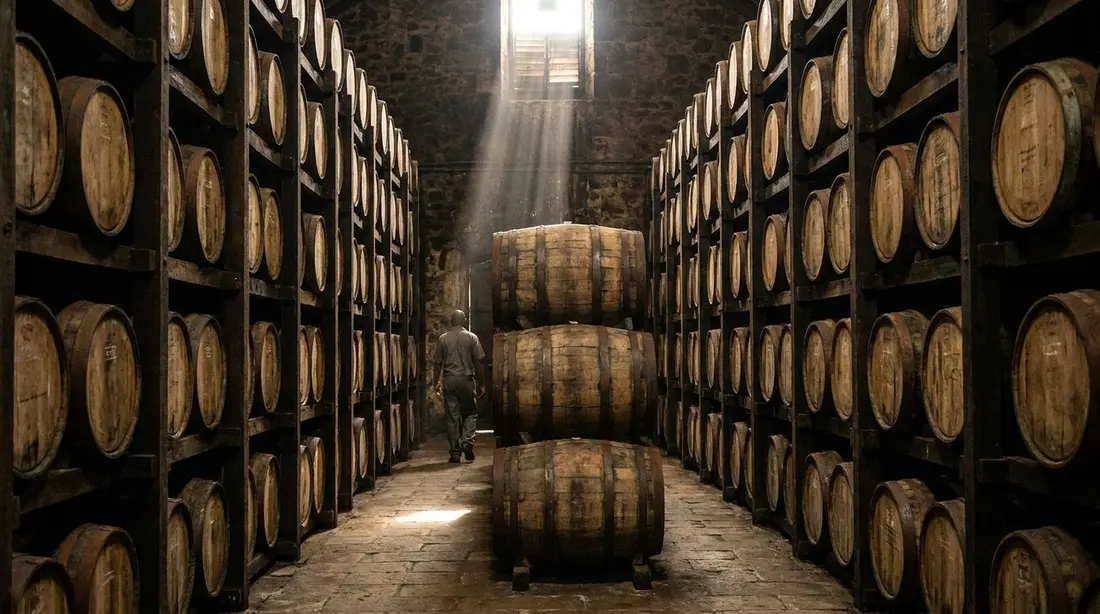 Oak barrels stacked in a rum aging warehouse