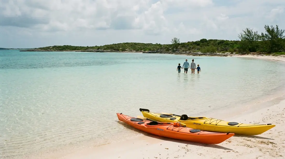 Kayaks pulled up on a shallow, protected family beach