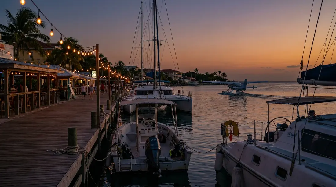 Boats tied up along a harbor boardwalk at dusk