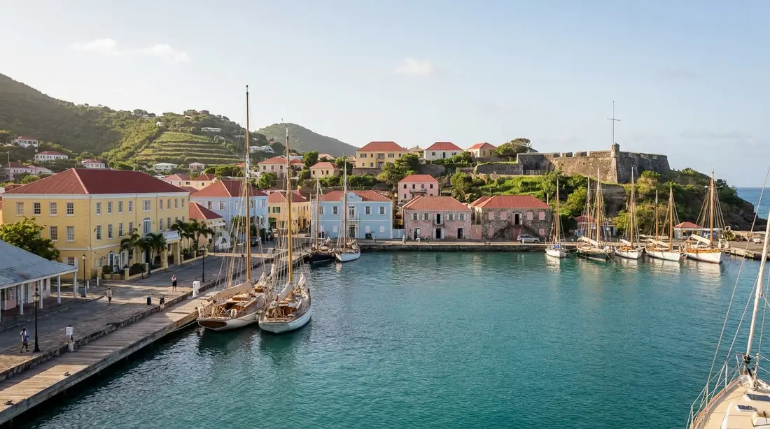 Pastel colonial buildings and a fort along a harbor