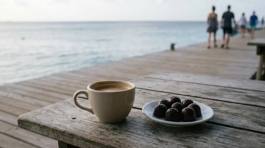 Coffee and chocolate bonbons at a pier-side cafe