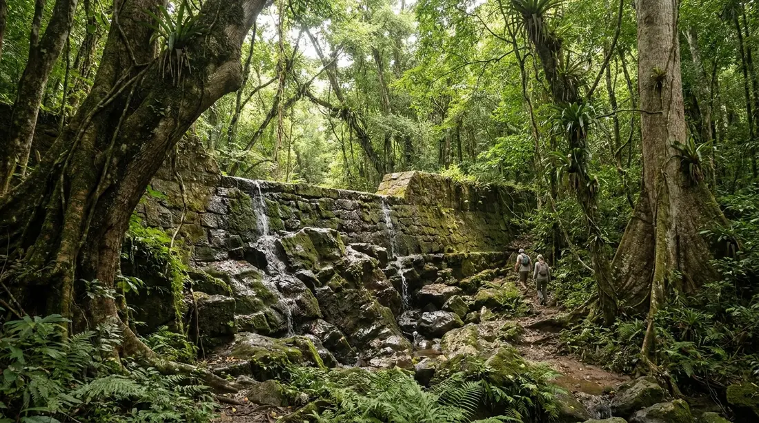 A mossy stone dam under rainforest trees