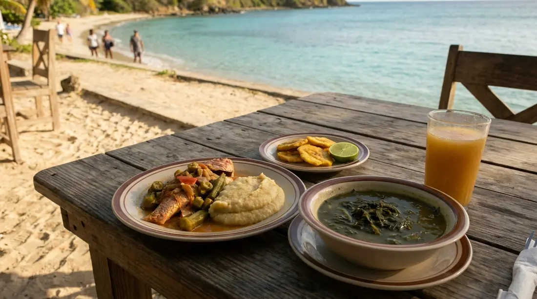 A Crucian plate of stewed fish, fungi and kallaloo by the sea