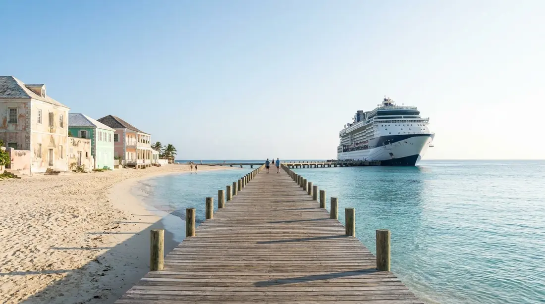 A cruise ship docked at the end of a long pier