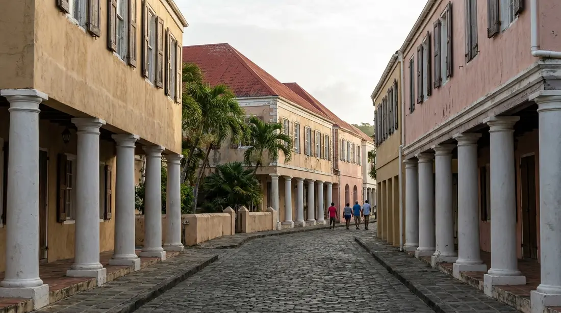 Arcaded sidewalks and pastel colonial facades