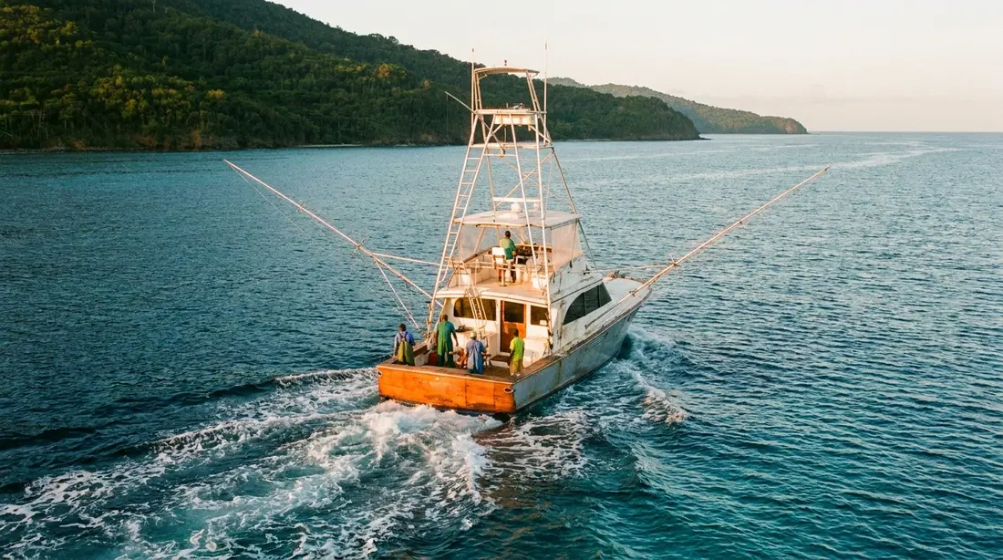 A sport-fishing boat with outriggers spread at sunrise