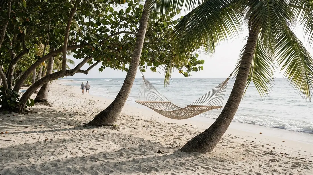 An empty hammock in palm shade on a quiet white-sand beach