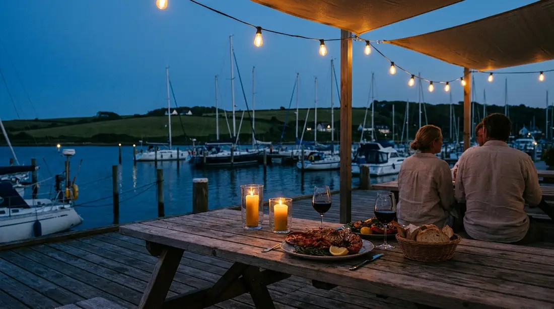 A candlelit marina-side dinner with grilled lobster
