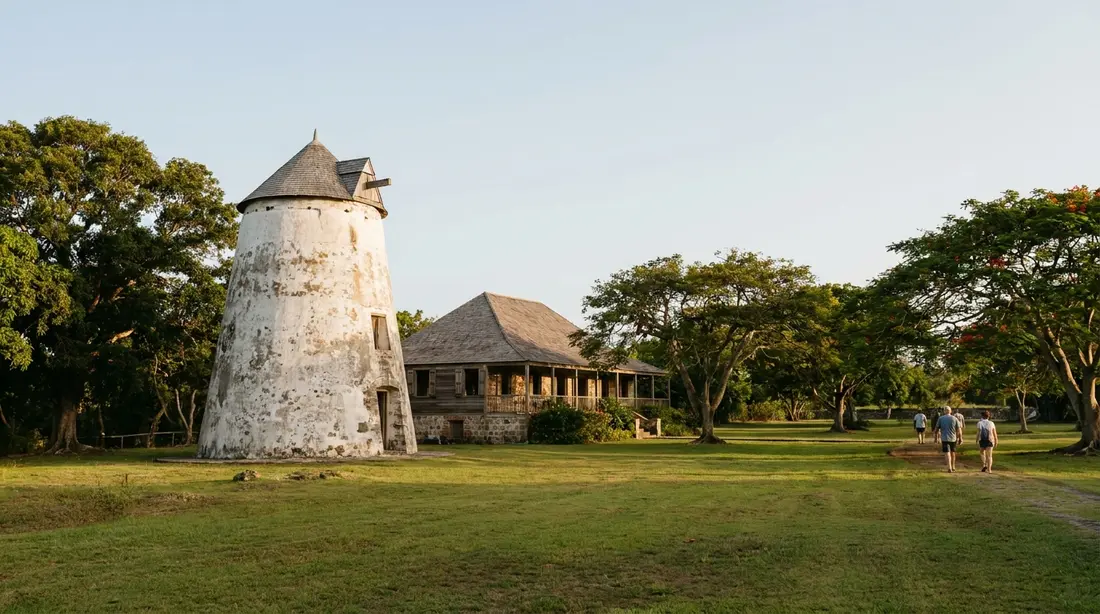 A restored plantation windmill tower and great house