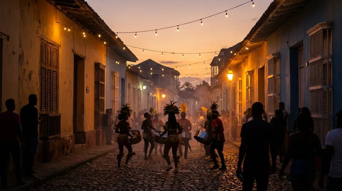 Steel-pan players and dancers at a street festival at dusk