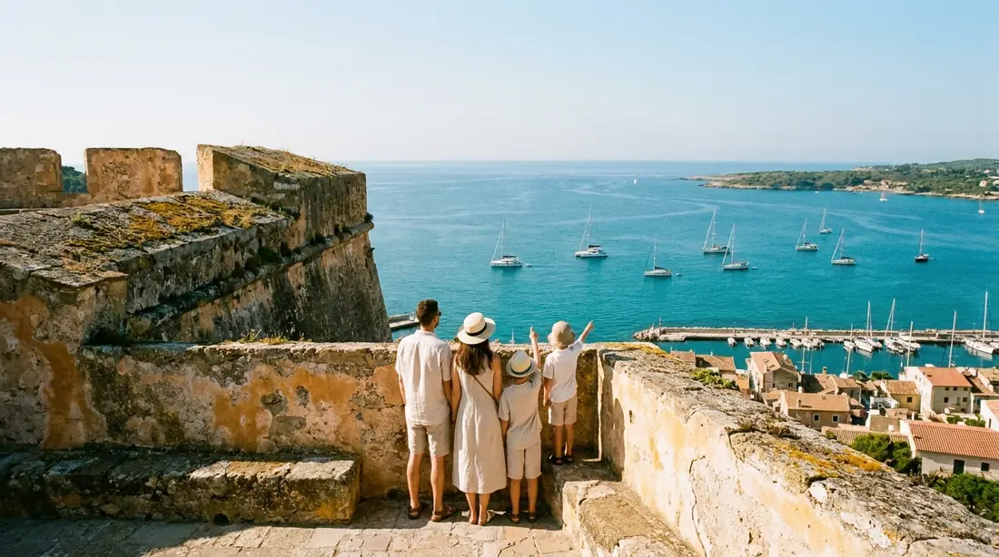 A family on fort ramparts above a turquoise harbor