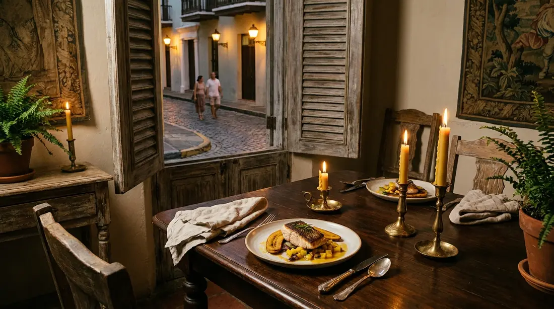 A plated fusion dish in a candlelit townhouse dining room