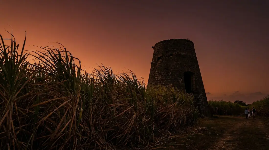 A sugar cane field and a stone mill tower at dusk
