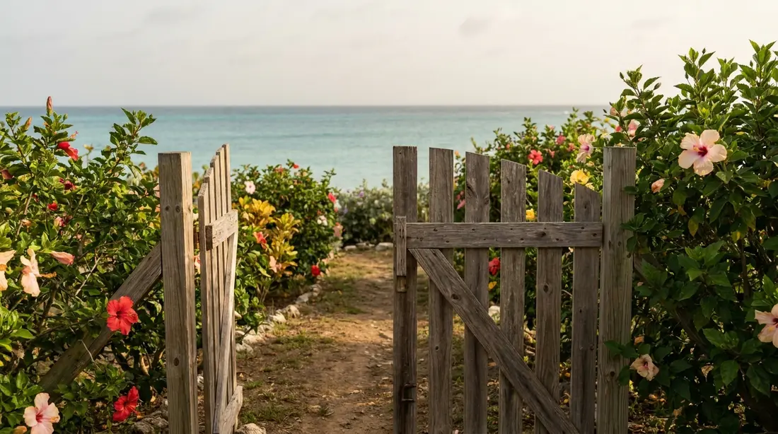 A garden gate opening toward a sea view