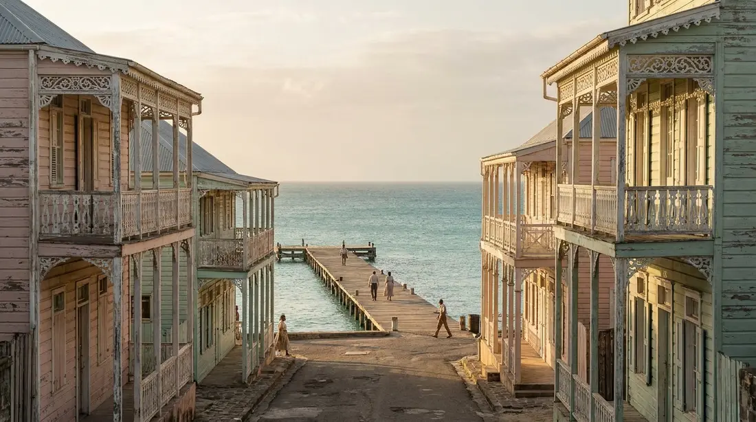 Pastel Victorian facades on a street ending at the sea