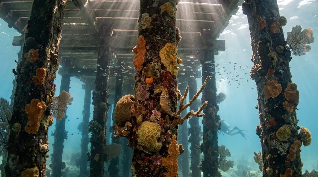 Sponge-encrusted pier pilings with a seahorse in the foreground