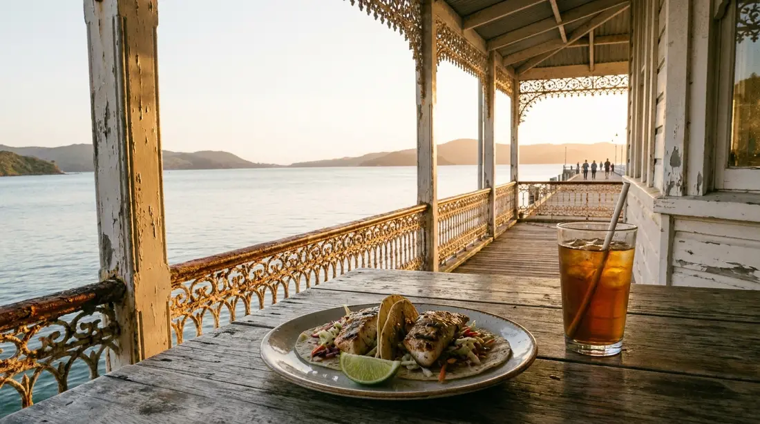Fish tacos on a waterfront gallery table at sunset