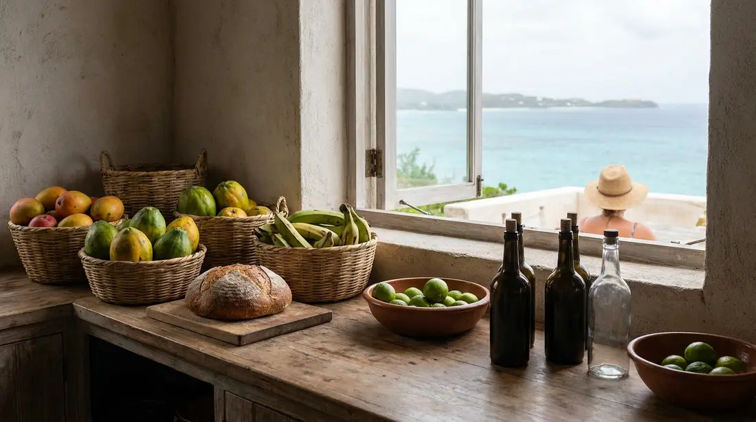 A villa kitchen counter stocked with tropical fruit and bread