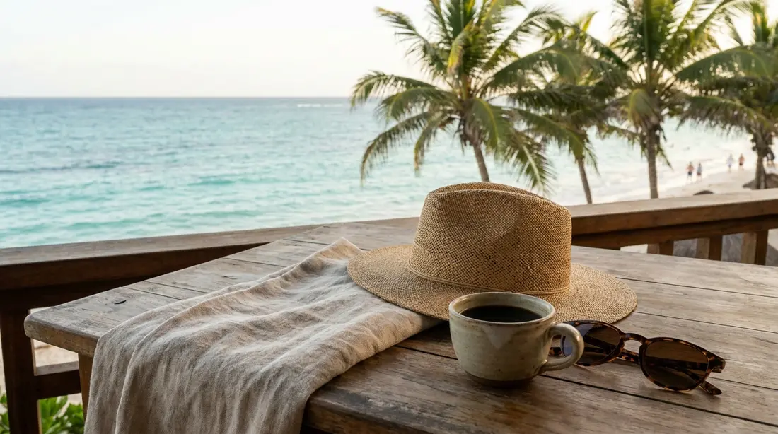 A straw hat, towel and coffee on a villa terrace table
