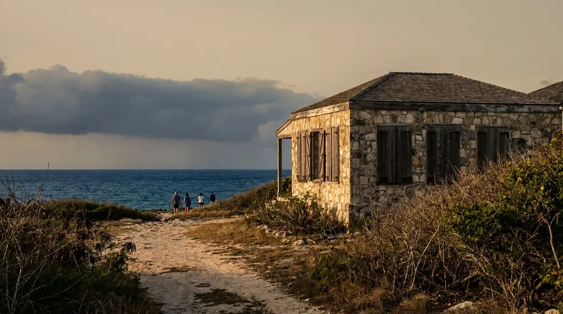 Closed storm shutters on a villa under a distant cloud bank
