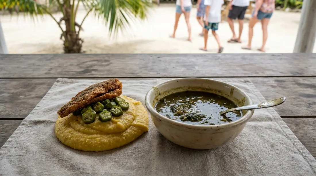 A bowl of kallaloo beside cornmeal fungi and fried fish