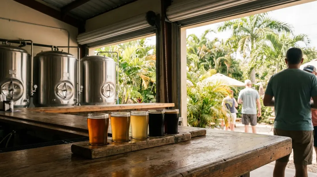 A flight of craft beers at an open-air tasting room