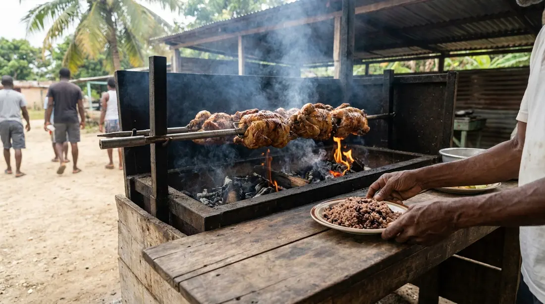 Chickens roasting over charcoal at a roadside cookshop
