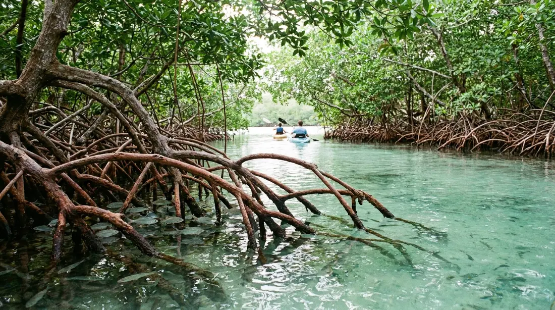 Red mangrove roots arching into clear shallow water