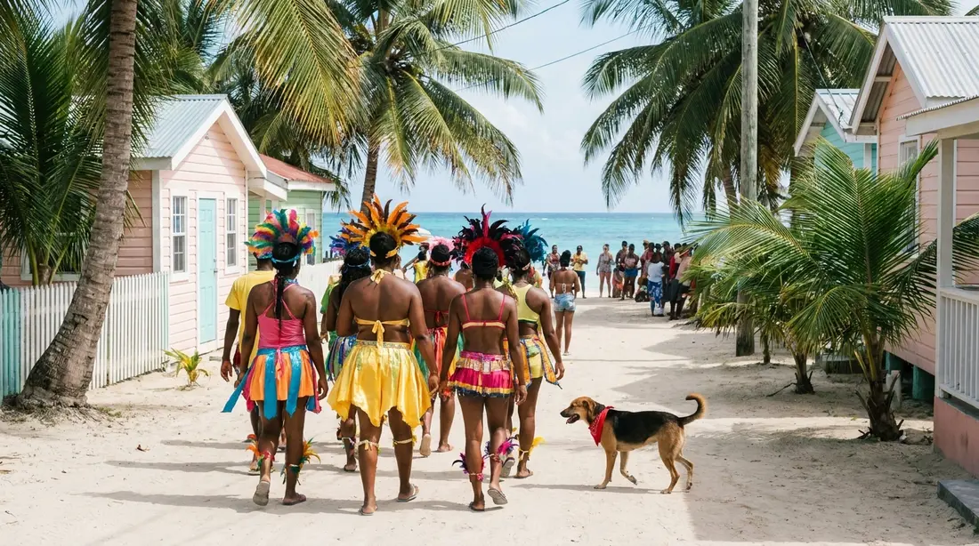 A colorful beach-town parade under palms