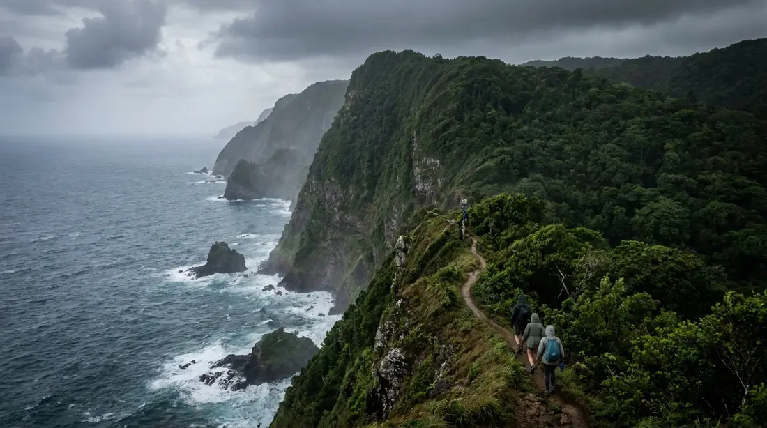 A forested ridge dropping to sea cliffs