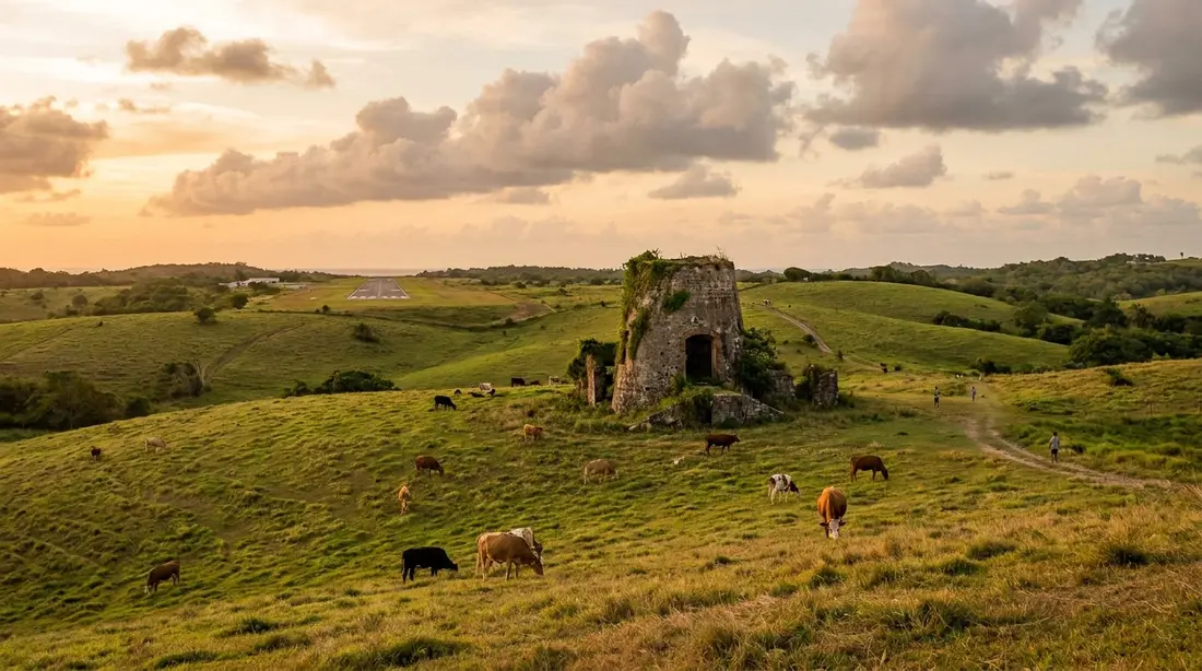 Rolling pastures with a sugar-mill ruin at golden hour