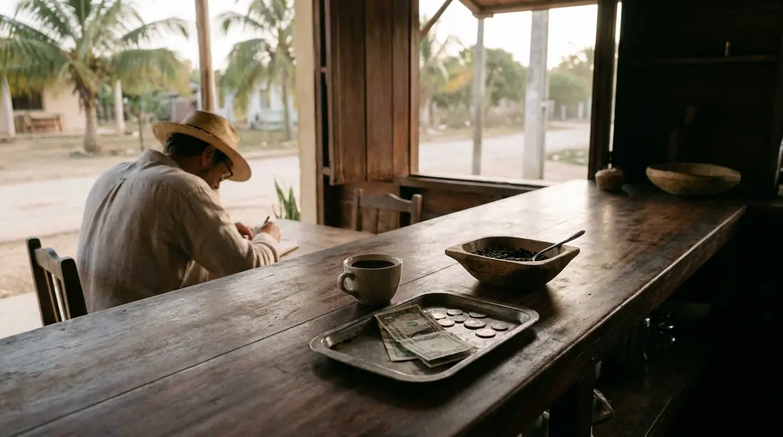 A cafe counter with coffee and a few dollar bills