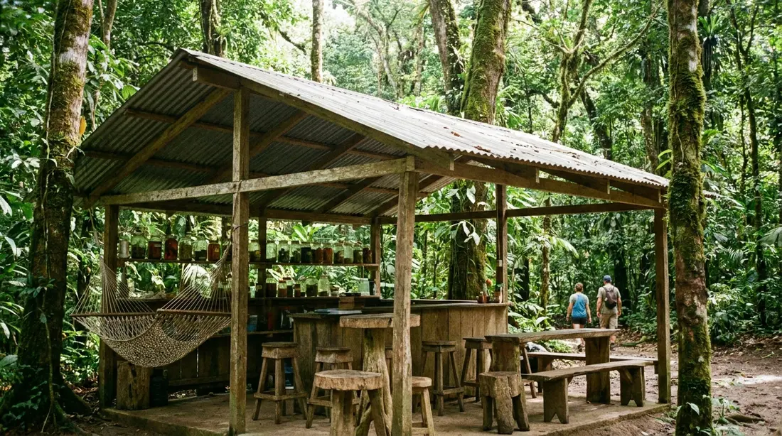An open-air bar under rainforest trees
