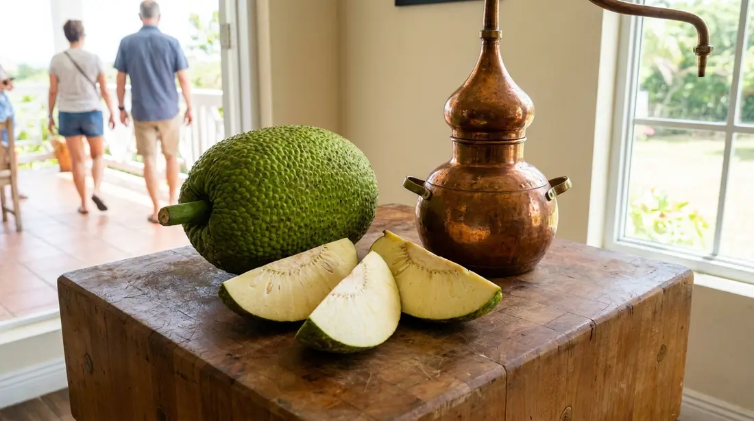 Breadfruit beside a small copper still