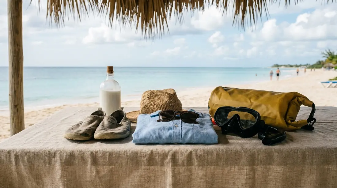A flat-lay of beach and hiking essentials
