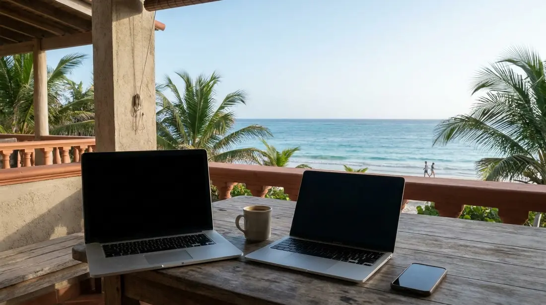 A laptop on a shaded villa terrace above the sea